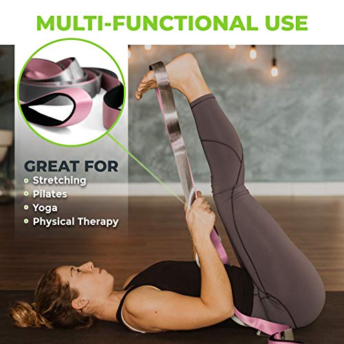 Stretching Strap for Physical Therapy, 12 Multi-Loop Stretch Strap 1.5" W x 8' L, Neoprene Handles, Physical Therapy Equipment, Yoga Straps for Stretching, Leg Stretcher. - color: Pink/Grey