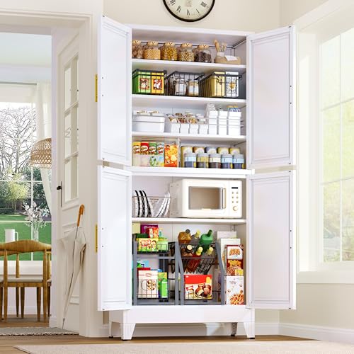 75.2" Tall Metal Pantry Cabinet, Kitchen Pantry Storage Cabinets with 4 Door and 4 Adjustable Shelves, White Storage Cabinet, Freestanding Cupboard for Kitchen Dining Room Living Room Bathroom - color: White-4d, size: 15.7"D x 31.5"W x 75.2"H
