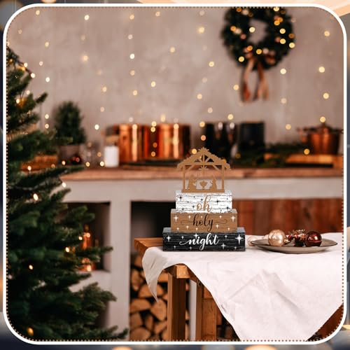 4 Pieces Christmas Nativity Scene Table Decorations Xmas Wooden Silent Night Block Signs Holy Night Tabletop Centerpieces Farmhouse Tiered Tray Decor for Home Table Kitchen Shelf - style: Jesus