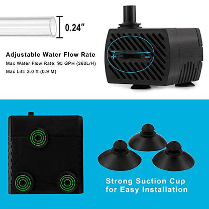 2Pcs Mini Submersible Water Pump (95GPH 5W) for Aquarium Fish Tank, Pond, Fountain, Hydroponics
