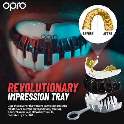 OPRO Instant Custom-Fit Mouthguard – Dentist Level Gum Shield Adult and Kids – OPRO Mouth Guard Boxing and MMA, Self-Fit Gum Shield Rugby – Maximum Protection with Dental Warranty (USA Gold) - color: Usa Gold, size: Adult (10+)