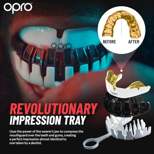 OPRO Instant Custom-Fit Mouthguard – Dentist Level Gum Shield Adult and Kids – OPRO Mouth Guard Boxing and MMA, Self-Fit Gum Shield Rugby – Maximum Protection with Dental Warranty (Black/Gold/Gold) - color: Usa, size: Adult (10+)