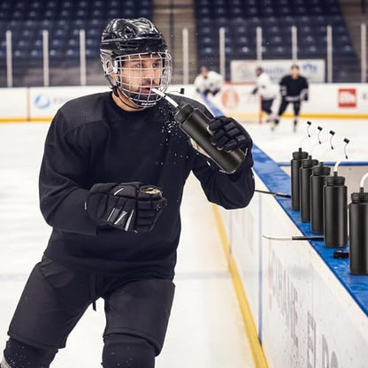 8 Pack Hockey Water Bottles 1 Liter Easy Squeeze Plastic 34 oz Sports Water Bottles with Long Straws for Hockey, Lacrosse, Football, Soccer, Baseball, Gym Sports Helmets (Black) - color: Black