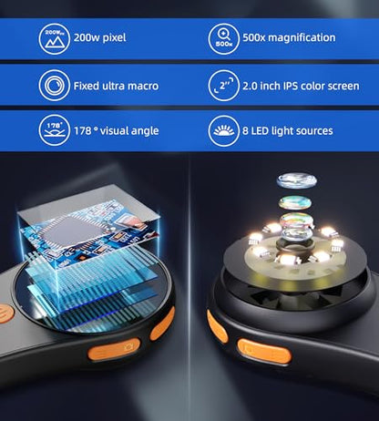 Magnifying Glass with Light Portable Handheld USB Digital Microscope Macro Camera 2.0 inch IPS Color Screen Fixed Focus, 200w Pixel, 500x Magnification, Compatible with Windows, Mac OS - color: White
