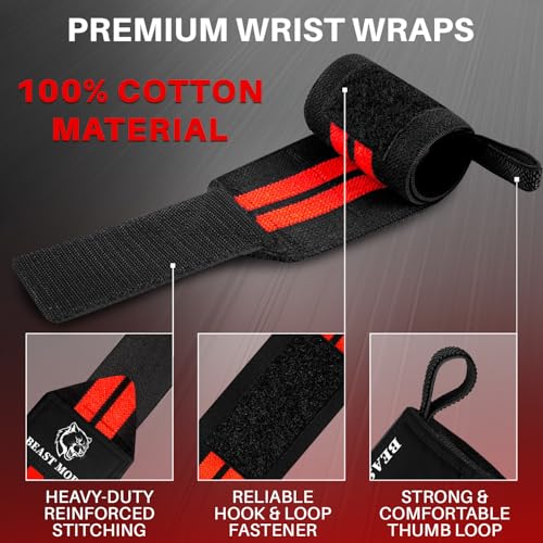 Elastic Cotton Weightlifting Wrist Wraps with Thumb Loops, 1 Pair - color: Black and Red, style: 12" – Beast Mode