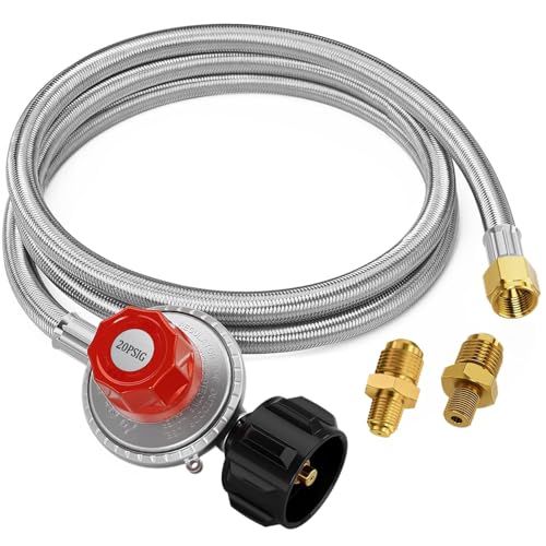 5FT High Pressure Propane Regulator Hose, 0~20PSI Adjustable Propane Tank Regulator, QCC1 & 3/8” Female, Fit for Turkey Fryer，Fish Fryer，Propane Burner，Fire Pit, Forge, and More, Braided Hose - color: Stainless Steel, size: 5FT
