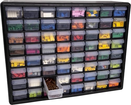 Akro-Mils 64-Drawer Plastic Drawer Storage Cabinet for Garage Organization, Bead Organizer, Building Bricks Storage, Teacher Toolbox, Makeup Organizer, 20" W x 6" D x 16" H, 10164 Black