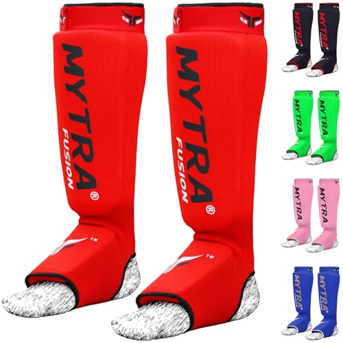Mytra Fusion Shin Pads Instep Protector Kick Boxing Muay Thai Training Elasticated shin Guards - color: Red, size: Small-Medium