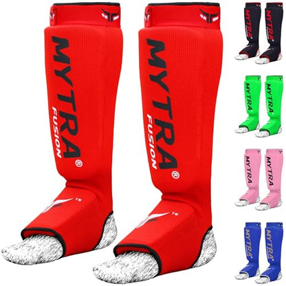 Mytra Fusion Shin Pads Instep Protector Kick Boxing Muay Thai Training Elasticated shin Guards - color: Red, size: Small-Medium