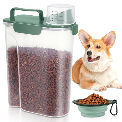 5 Lbs Dog Cat Food Storage Container with Collapsible Dog Bowls for Travel, Portable Pet Food Storage Container, Easy-Pouring Bird Seed Dispenser, Airtight Rice Cereal Oatmeal Flour Holder -Dark Green - color: Dark Green-5L