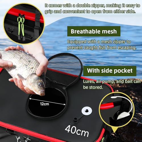 SANLIKE Foldable Live Fish Bucket, EVA Fishing Bait Bucket, 35/40/45CM Collapsible Fish Container, Leakproof Livewell for Kayak Boat Bank Fishing, Black/Army Green - color: Black-40cm