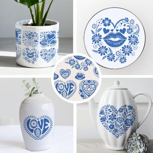 SUPERDANT 5PCS Heart Flower Underglaze Paper Transfer Love Transfer Papers for Clay Ceramic Porcelain Under Glaze Transfers Pottery Enamel Decals Blue Underglaze Decal Handcrafted Gifts for Lovers - style: Valentine's Day Heart