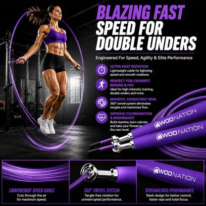 WOD Nation Adjustable Speed Jump Rope For Men, Women & Children - Blazing Fast Fitness Skipping Rope Perfect for Boxing, MMA, Endurance - color: Purple