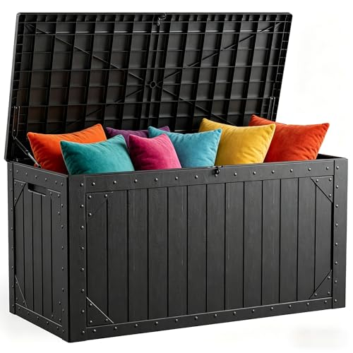 Outdoor Storage Box, 95 Gallon Deck Box Outdoor Storage Bench, Outside Waterproof Resin Storage Bench, Lockable Patio Cushions, Garden Tools Storage for Furniture, UV Resistant (Black) - color: Black, size: 95 Gallon