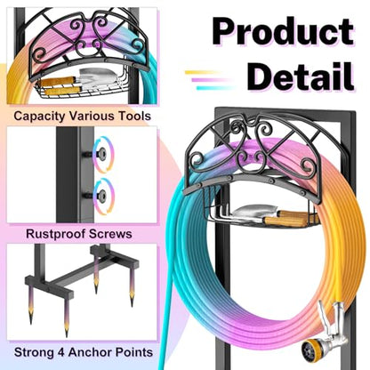 Garden Hose Holder, Metal Water Hose Holder with Storage Basket, Heavy Duty 4 Spikes Hose Hanger Holds 150 Feet Hoses, Freestanding Hose Storage Reel Rack for Outdoor Yard Lawn,Line