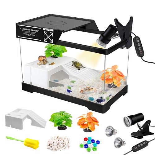 GOZILLA Mini Turtle Tank Kit with Adjustable Lamp, Upgrade PC Hermit Crab Tank,Small Turtle Starter Kit with Lid, Hideout Platform for Baby Turtles, Crabs, Fish.(11.8×7.24×7.1''/Black Kit) - color: Mini-Black02