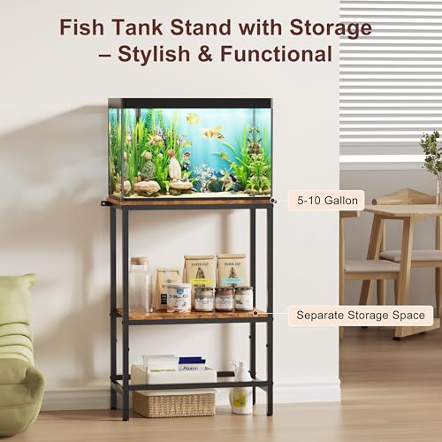5-10 Gallon Fish Tank Stand, Aquarium Stand with 2-Tier Storage Shelves, Heavy-Duty Reptile Terrarium Stand Table with One-Piece Top for 10 Gallon Standard Model, 21.2" L x 11.8" W x 29.3" H (Brown)