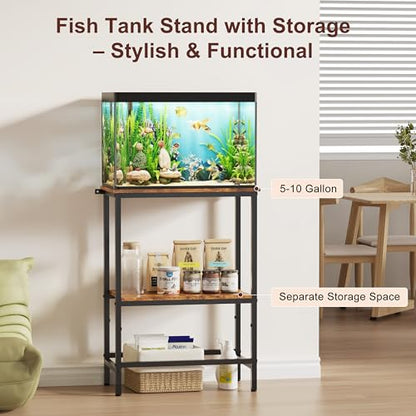 5-10 Gallon Fish Tank Stand, Aquarium Stand with 2-Tier Storage Shelves, Heavy-Duty Reptile Terrarium Stand Table with One-Piece Top for 10 Gallon Standard Model, 21.2" L x 11.8" W x 29.3" H (Brown)