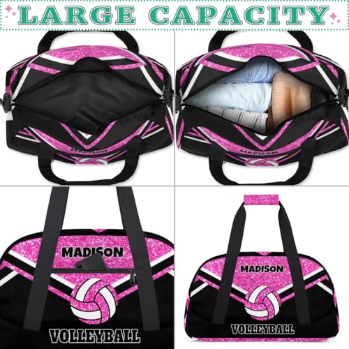 Personalized Volleyball Sports Bag, Bright Pink Glittering with Black | Custom Sport Duffel Bag Large Compartment Cheerleaders Dance Bag Weekender Bags Travel Bag - color: Hot Pink