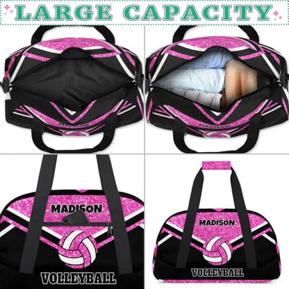 Personalized Volleyball Sports Bag, Bright Pink Glittering with Black | Custom Sport Duffel Bag Large Compartment Cheerleaders Dance Bag Weekender Bags Travel Bag - color: Hot Pink