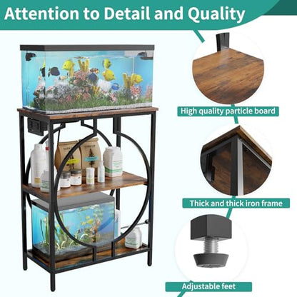 10 Gallon Aquarium Stand with Power Outlet, 3 Tier Heavy Duty Metal Fish Tank Stand with Storage, Fish Tank Table for Home Office, 21.3" x 11.8" x 29", Rustic Brown - size: 10 Gallon