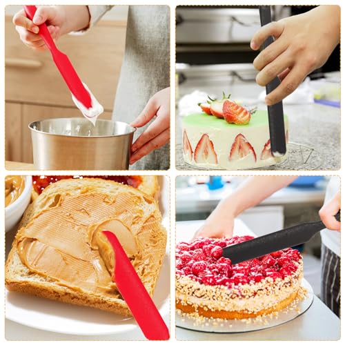 SUMERSHA 2pcs Silicone Spatulas Heat Resistant Jar Spatulas Cake Cream Butter Spatulas with Long Handle Non-Stick Kitchen Baking Cooking Resin Craft Stirring Mixing Scraper Tool (Red, Black)