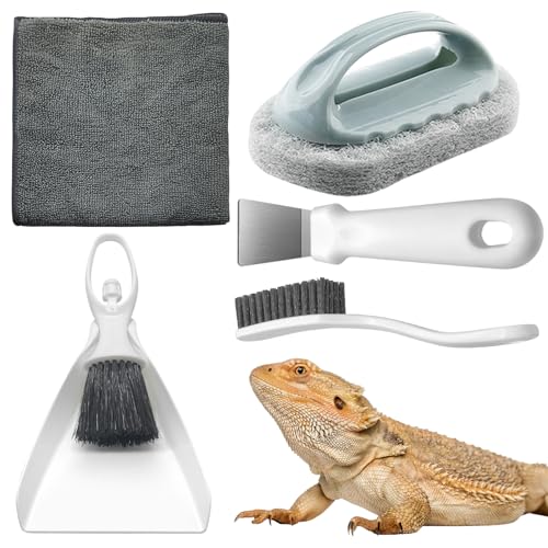 Bearded Dragon Tank Cleaning Kit, Reptile Enclosure Cleaning Tool Set with Mini Dustpan, Brush, Scraper & Cleaning Cloth for Lizard & Gecko Terrarium Maintenance