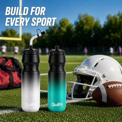 Lacrosse Water Bottle with Long Straw -32oz Hockey Water Bottle 2 Pack | 2 Lids Each- BPA Free Squeeze Sports Water Bottles, Leakproof Dishwasher Safe- for Helmet,Lacrosse (Black Blue+Black White) - color: Black Blue+Black White