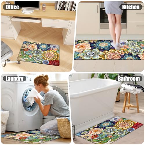 Boho Floral Kitchen Rugs Mats for Floor 2 Piece Memory Foam Padded Kitchen Mats Anti Fatigue Non Slip Cushioned Comfort Standing Mat, 17.3x28+17.3x47 Inch