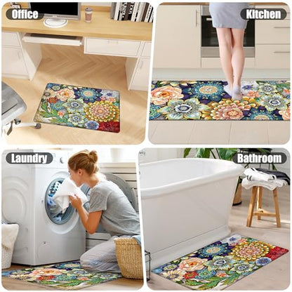 Boho Floral Kitchen Rugs Mats for Floor 2 Piece Memory Foam Padded Kitchen Mats Anti Fatigue Non Slip Cushioned Comfort Standing Mat, 17.3x28+17.3x47 Inch