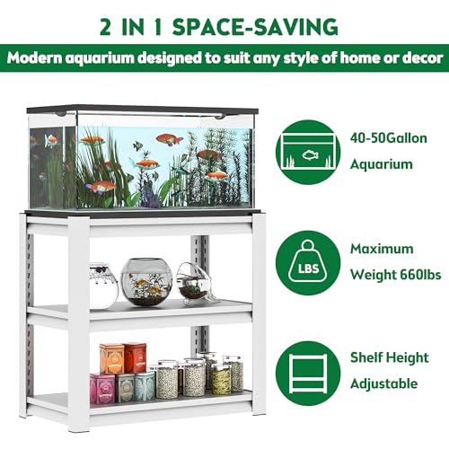 Aquarium Stand for 40 to 50 Gallon Fish Tank Heavy Duty 3-Tier Metal Tank Rack Adjustable Reptile Terrarium Cabinet Sturdy Support Storage Shelf for Home Office Living Tank Not Included