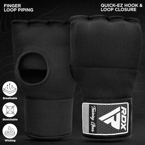 RDX Gel Boxing Hand Wraps Inner Gloves Men Women, Quick 100cm Long Wrist Straps, Elasticated Padded Fist Under Mitts Protection, Muay Thai MMA Kickboxing Martial Arts - color: Black, size: Large