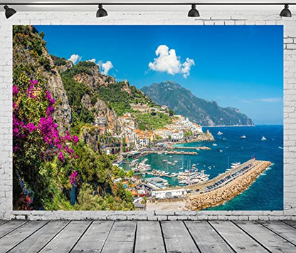 BELECO 8x6ft Italy Landscape Backdrop for Photography Amalfi Town at Famous Amalfi Coast Green Mountain Houses Blue Ocean Background Italian Theme Party Decorations Studio Photo Props Wallpaper
