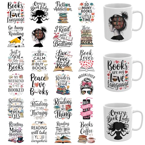 UV DTF Cup Wrap, 24 Sheets Book Lover Waterproof UV DTF Transfer Stickers for Glasses Cups Mug DIY Crafts