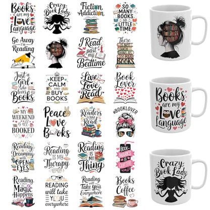UV DTF Cup Wrap, 24 Sheets Book Lover Waterproof UV DTF Transfer Stickers for Glasses Cups Mug DIY Crafts
