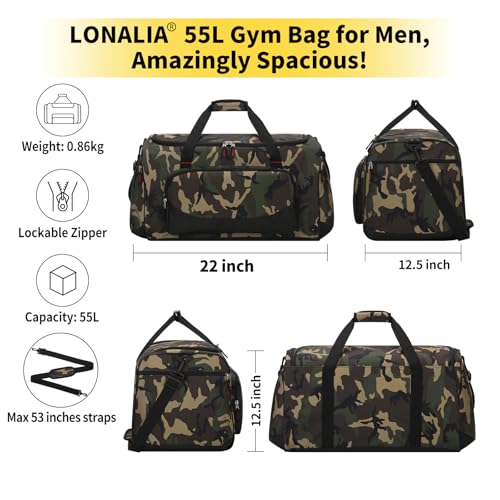 55L Sports Duffle Bag for Men, 22 inch, Camo - color: Camo