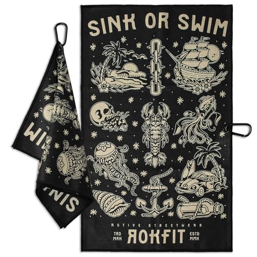 RokFit Gym & Golf Towel – Multi-Use, Quick-Dry, Durable Utility Towel with Bold Graphic and Carabiner Clip (Sink Or Swim) - color: Sink Or Swim