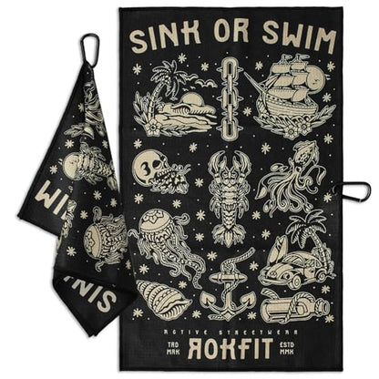 RokFit Gym & Golf Towel – Multi-Use, Quick-Dry, Durable Utility Towel with Bold Graphic and Carabiner Clip (Sink Or Swim) - color: Sink Or Swim