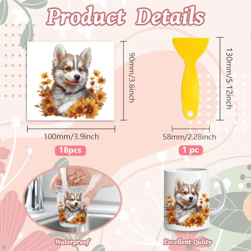 Peacoblue 18 Sheets Rub on Transfers for Crafts, Dog and Flowers 3.6"x3.9" UV DTF Cup Wraps Waterproof Rub on Cold Transfers Stickers for Wood Glass Metal Cup Tumblers Mirrors Mugs Home Decor - style: Dog and flowers