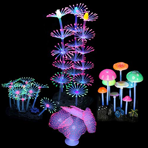 4 Pack Aquarium Fish Tank Decorations: Coral, Mushroom, Anemone, Plants Kit - Glowing Fish Tank Decorations for Small and Large Aquarium Decor Accessories - style: Coral Reef+branch Coral+mushroom+anemone