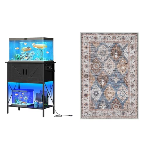 HOOBRO 20 Gallon Fish Tank Stand with Power Outlets and LED Light, 2 x 3 ft Area Rugs Washable, Metal Frame Aquarium Stand, Small Rug for Entryway Kitchen Bathroom Door Mat Indoor, BB40UDFT01-BU01AR01