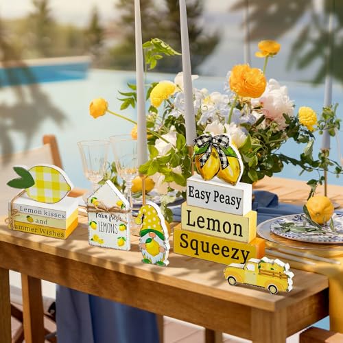 11 Pcs Lemon Table Decorations Set Lemon Tiered Tray Decor Summer Wooden Top Farmhouse Rustic Wooden Coffee Table Centerpieces for Home Kitchen Office Decorations - style: Lemon