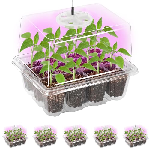 5 Packs Seed Starter Tray with Grow Light, Elevated Seedling Starter Trays Kits with Adjustable Humidity Domes and Clear Cell Tray, 12 Full Spectrum led lamp Beads for Plants Indoor-Clear - color: Clear, size: 5 Packs, with light