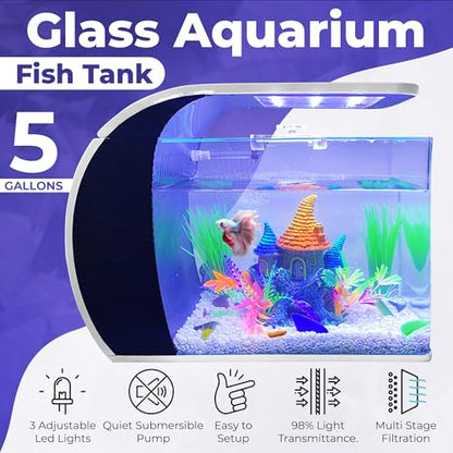 5 Gallon Fish Tank - Arc-Shaped Glass Tank w/LED Lights - Fish Tank Kit w/Filter, Water Pump, Bag of Filter Media & More - Beautiful Aquarium Set for Office & Home - Easy Assembly Starter Kit