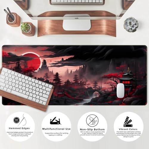 Riverside Full Moon Desk Pad Black Red Desk Mat Japanese Anime Extended XXL Keyboard Pad for Desk Gaming Computer Laptop Office Mouse Pad with Stitched Edges Non-Slip Large Computer Mat 31.5x11.8 in - color: Red Night