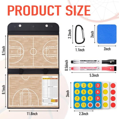 WISYOK Basketball Lineup Board, Magnetic, Foldable | 48 Cards, 2 Markers, Leather Covered, Portable Clipboard for Coaches, Game Strategy and Training - style: Basketball Leather