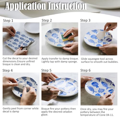 SUPERDANT 6PCS Feather Fish Leaf Underglaze Paper Transfer Sun Moon Transfer Papers for Clay Paisley Ceramic Porcelain Under Glaze Transfers for Pottery Blue Underglaze Decal Handcrafted Gifts - style: Feather Sun and Fish