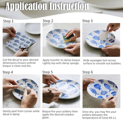 SUPERDANT 6PCS Feather Fish Leaf Underglaze Paper Transfer Sun Moon Transfer Papers for Clay Paisley Ceramic Porcelain Under Glaze Transfers for Pottery Blue Underglaze Decal Handcrafted Gifts - style: Feather Sun and Fish