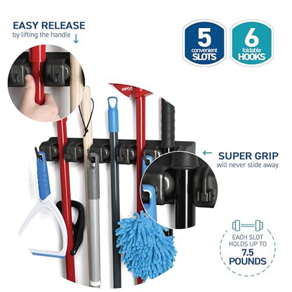 2 Pack Mop and Broom Holder Wall Mount Hanger, Heavy Duty, 5 Slots 4 Hooks - color: Black, size: 2 Pack 5-position, 6-Hooks