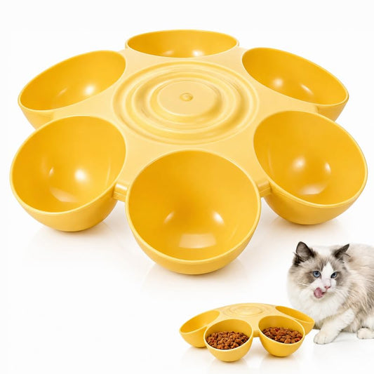 POPETPOP Cat Food Bowl with 6 Bowls - Pet Feeder for Kitten Puppy, Multi Cat Feeder, Multiple Feeder for Indoor s, Feeding Station for Food and Water (Yellow)